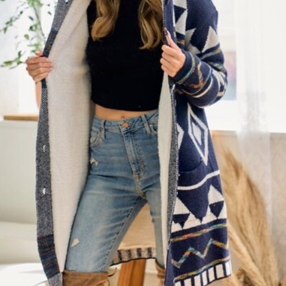 Sweaters - Navy Blue Aztec fringe Cardigan Sherpa Lined